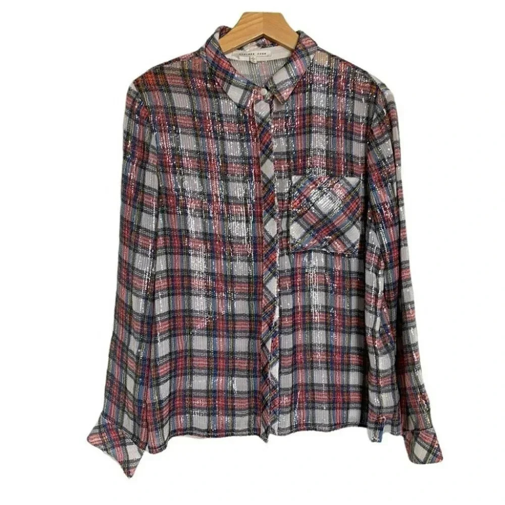 Endless Rose S sequined red white plaid button down shirt